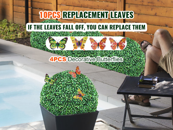 VEVOR artificial topiaries displayed with 10pcs replacement leaves and 4pcs decorative butterflies by a pool.