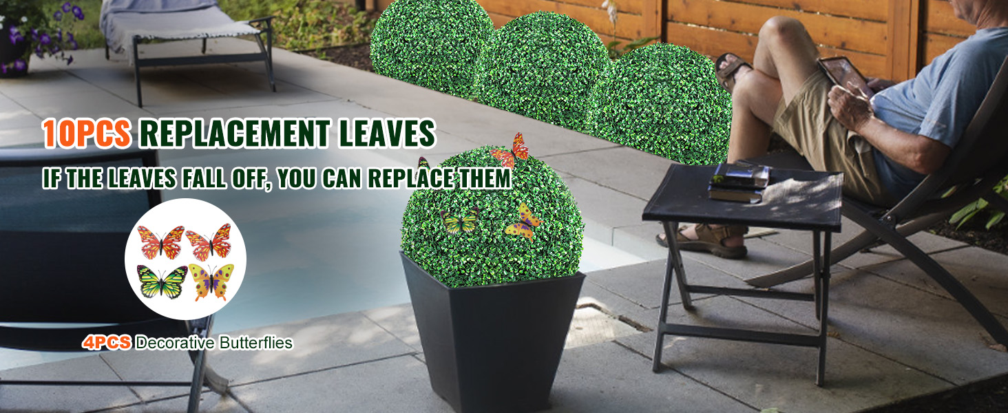 VEVOR artificial topiaries displayed with 10pcs replacement leaves and 4pcs decorative butterflies by a pool.