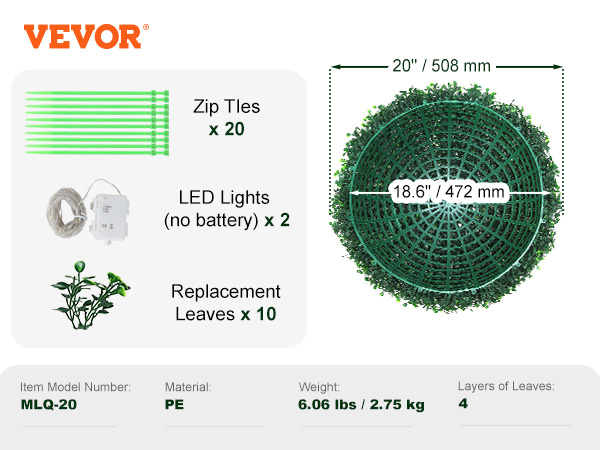 VEVOR mākslīgie topiāri, modelis mlq-20, 20" diametrs, komplektā ir rāvējslēdzēja saites, LED apgaismojums, rezerves lapas.