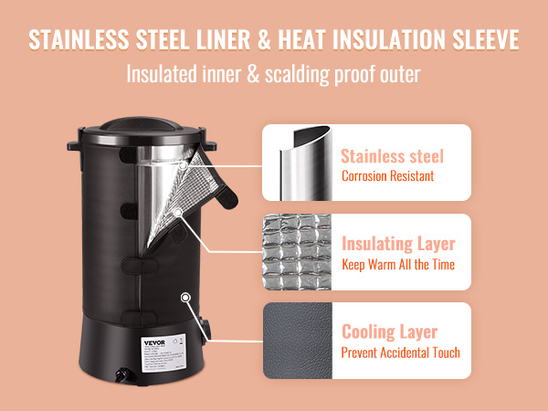VEVOR wax melter with stainless steel liner, insulating layer, and cooling layer on a peach background.