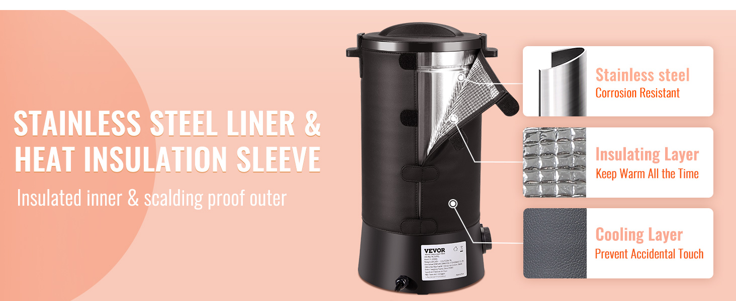 VEVOR wax melter with stainless steel liner, insulating layer, and cooling layer on a peach background.