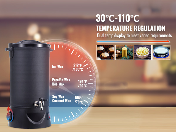 VEVOR wax melter with dual temperature display for precise control, ranging from 30°c to 110°c.