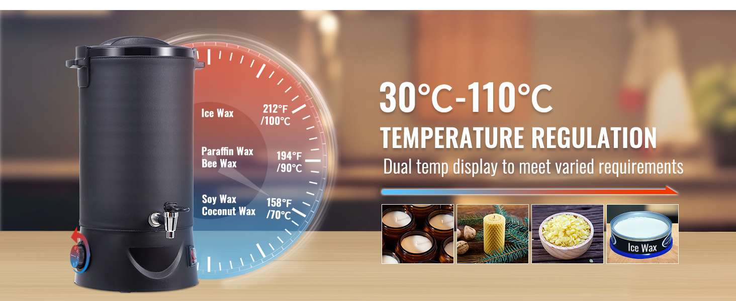 VEVOR wax melter with dual temperature display for precise control, ranging from 30°c to 110°c.