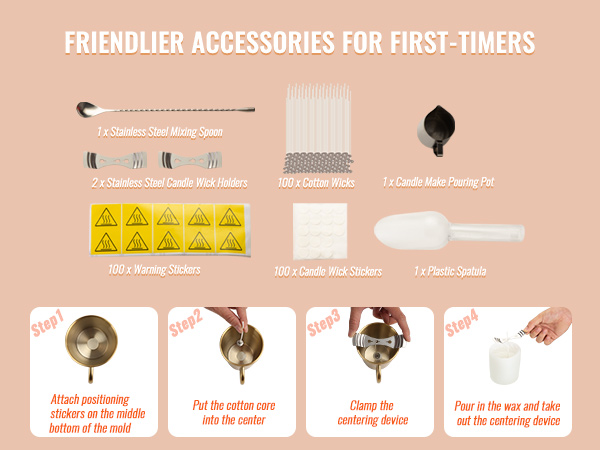 steps for using the VEVOR wax melter, with cotton wicks, holders, stickers, spoon, spatula, and pouring pot.