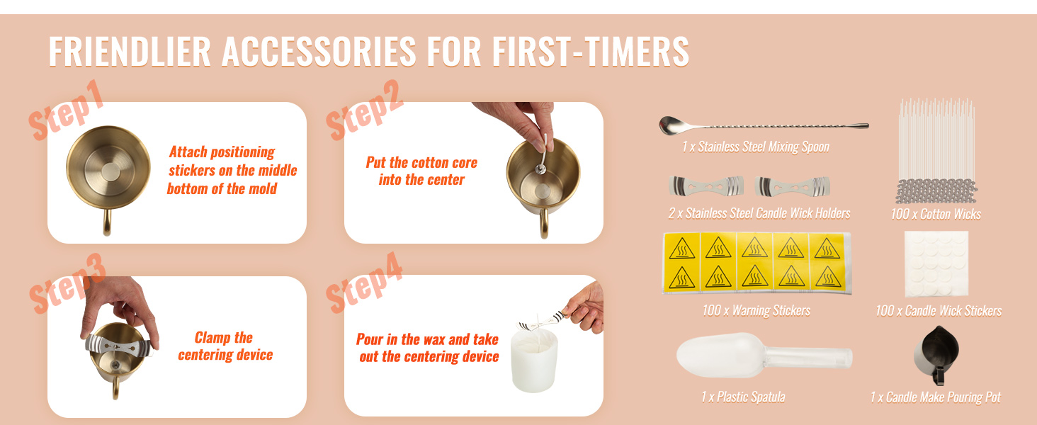 steps for using the VEVOR wax melter, with cotton wicks, holders, stickers, spoon, spatula, and pouring pot.