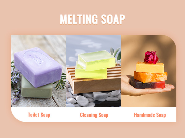 melting soap varieties: toilet soap with lavender, green and yellow cleaning soap, handmade soap stack.