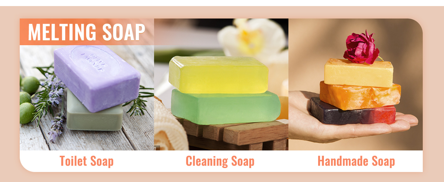 melting soap varieties: toilet soap with lavender, green and yellow cleaning soap, handmade soap stack.
