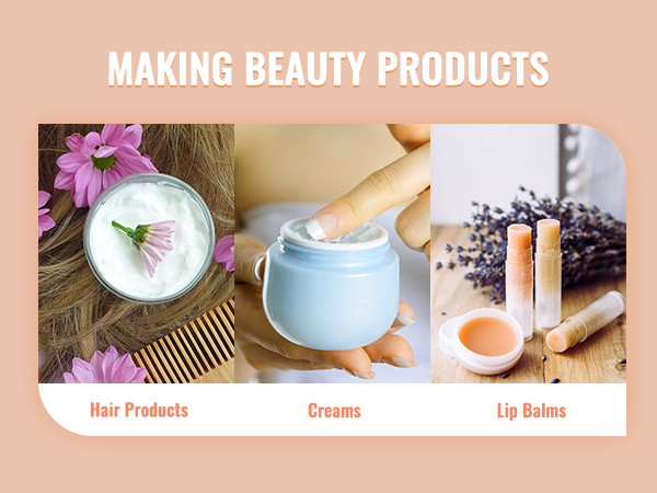 making beauty products: hair products with flowers, creams in a jar, and lip balms with lavender. VEVOR wax melter