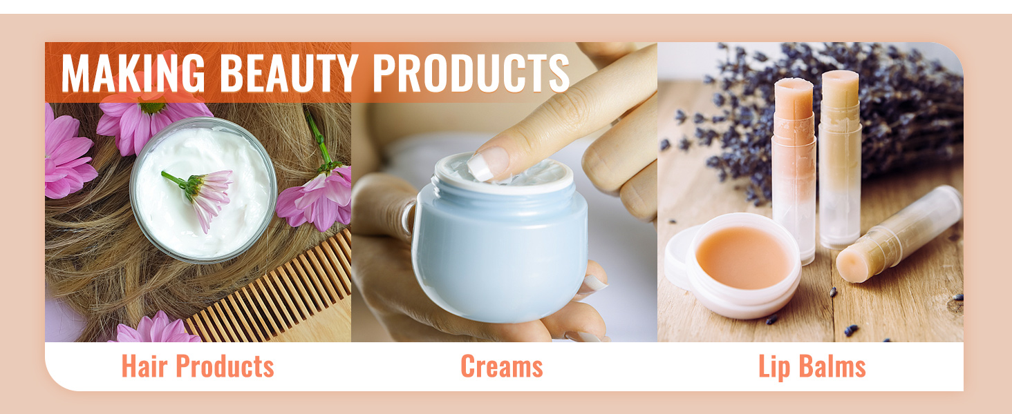 making beauty products: hair products with flowers, creams in a jar, and lip balms with lavender. VEVOR wax melter