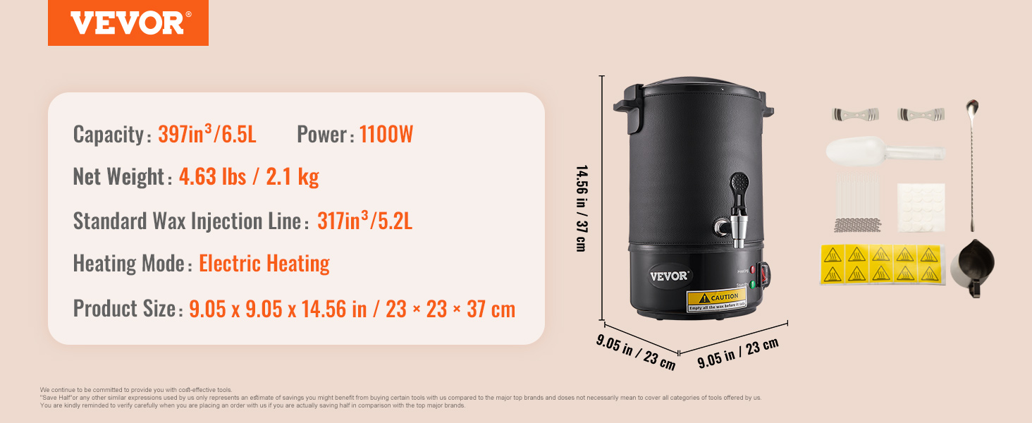 VEVOR wax melter with 6.5l capacity, 1100w power, and electric heating; accessories included.