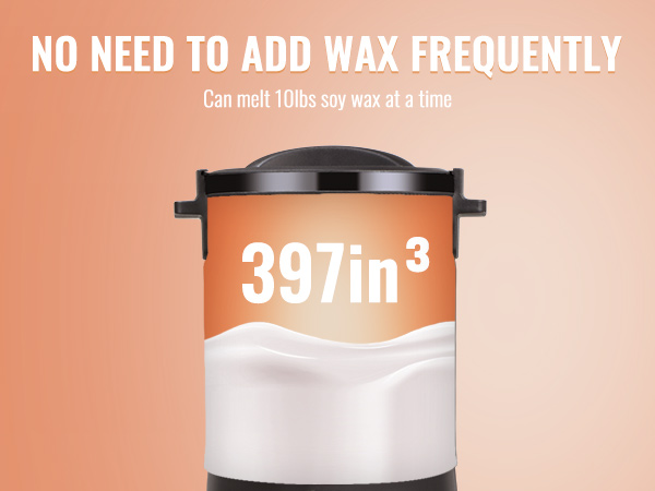 VEVOR vaska kausētājs vienlaikus izkausē 10 mārciņas sojas vaska, tā tilpums ir 397 kubikcollas, tāpēc vasks nav bieži jāpievieno.