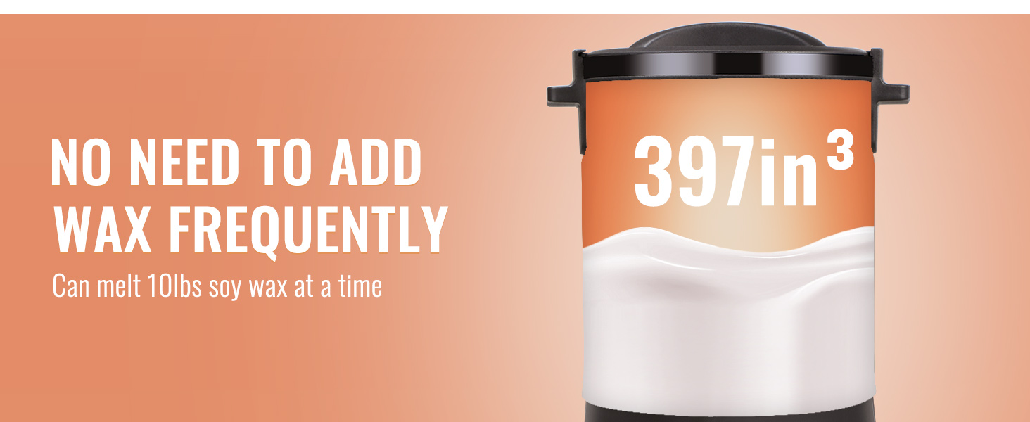 VEVOR vaska kausētājs vienlaikus izkausē 10 mārciņas sojas vaska, tā tilpums ir 397 kubikcollas, tāpēc vasks nav bieži jāpievieno.