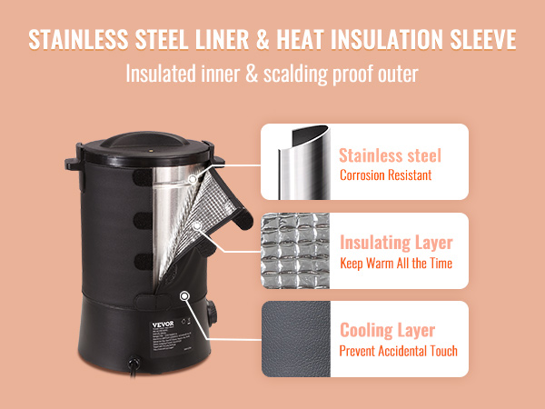 VEVOR vaska kausētājs ar nerūsējošā tērauda oderi, siltumizolācijas uzmavu, izolācijas un dzesēšanas slāņiem.