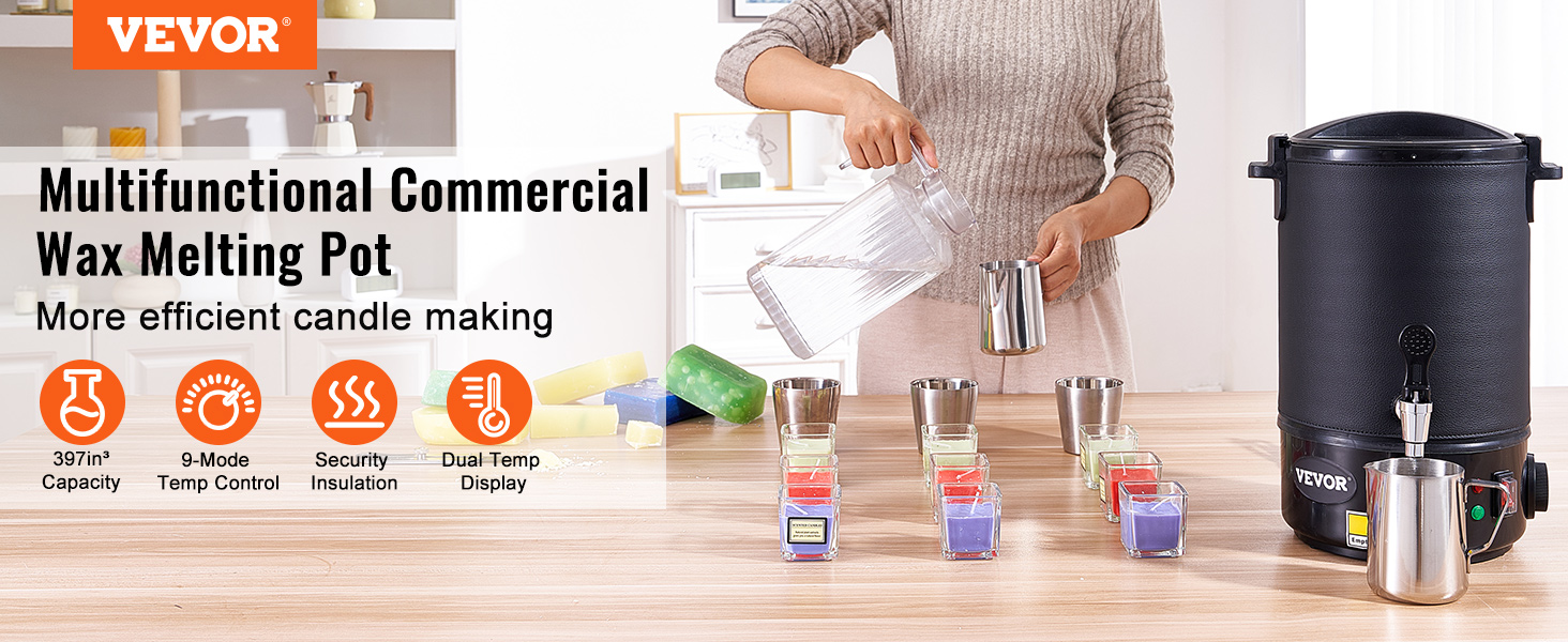 VEVOR wax melter, commercial wax melting pot, 9-mode temp control, efficient candle making.
