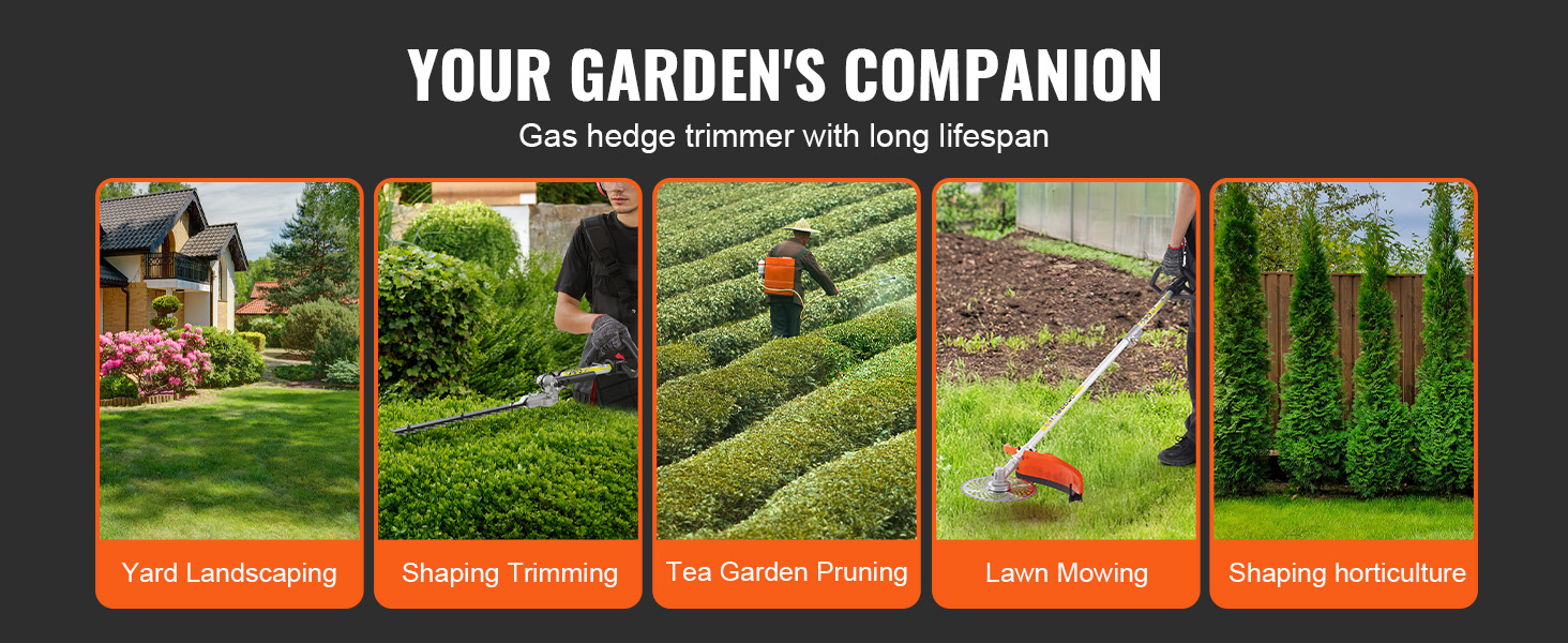 VEVOR 43cc multi-functional trimming tools for yard landscaping, shaping trimming, and lawn mowing.