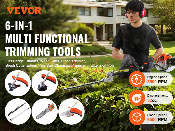VEVOR 43cc multi-functional trimming tools 6-in-1 with 8500 rpm engine speed, 6500 rpm blade speed.