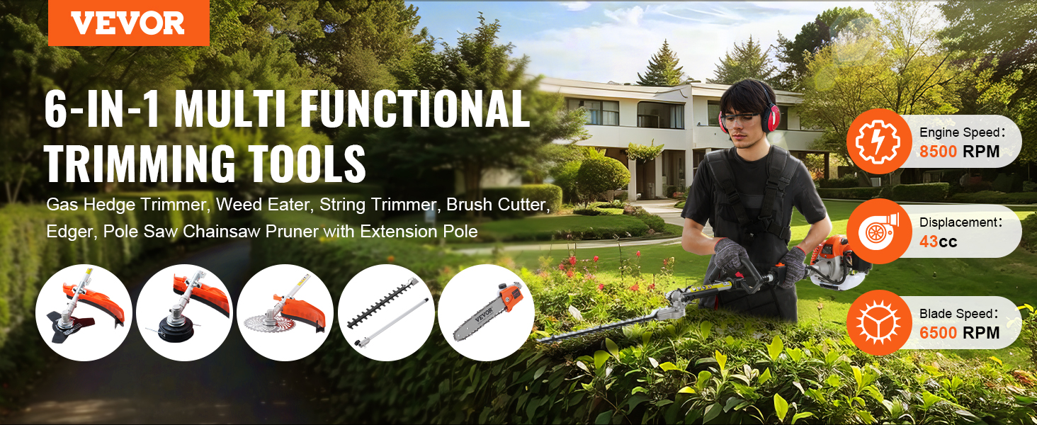VEVOR 43cc multi-functional trimming tools 6-in-1 with 8500 rpm engine speed, 6500 rpm blade speed.