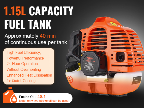 VEVOR 43cc multi-functional trimming tools, 1.15l fuel tank, 40 min use, high fuel efficiency, powerful.