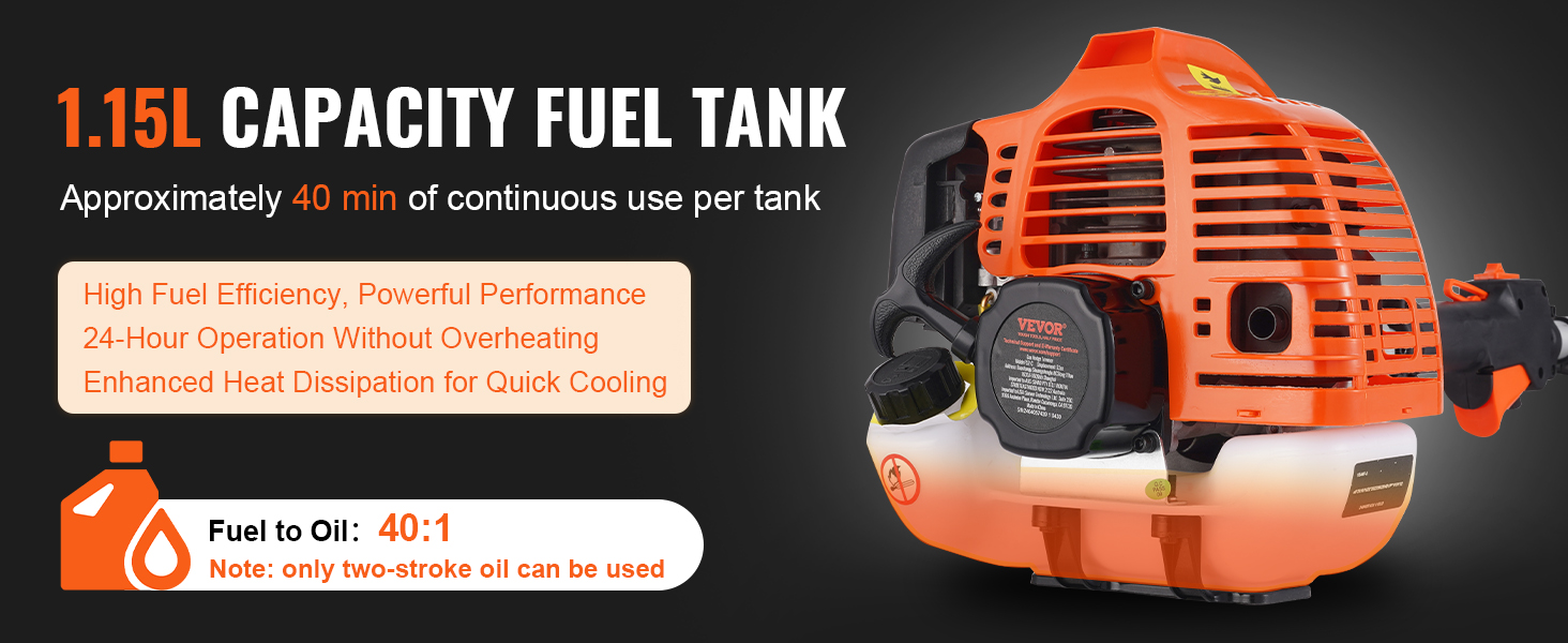 VEVOR 43cc multi-functional trimming tools, 1.15l fuel tank, 40 min use, high fuel efficiency, powerful.