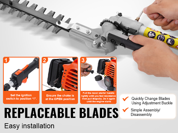set up VEVOR 43cc multi-functional trimming tools with replaceable blades and easy ignition steps.