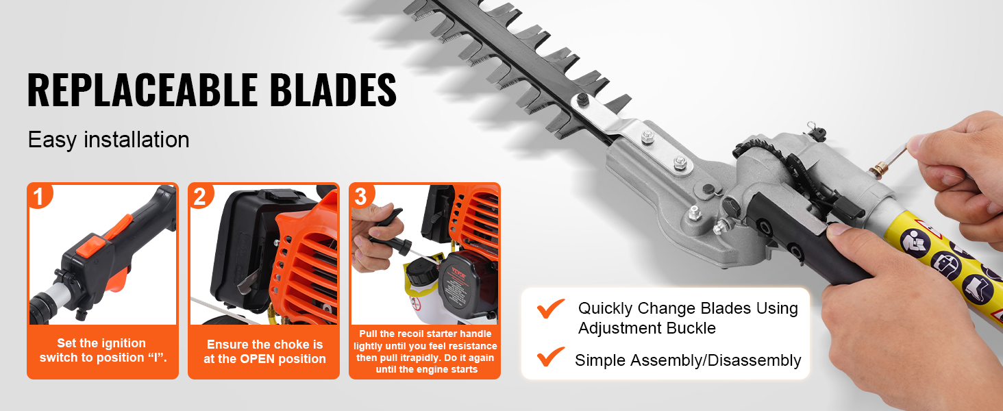 set up VEVOR 43cc multi-functional trimming tools with replaceable blades and easy ignition steps.