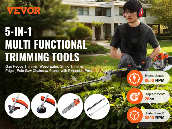 VEVOR 6-in-1 multi-functional trimming tools, gas hedge trimmer, weed eater, string trimmer, 26cc.