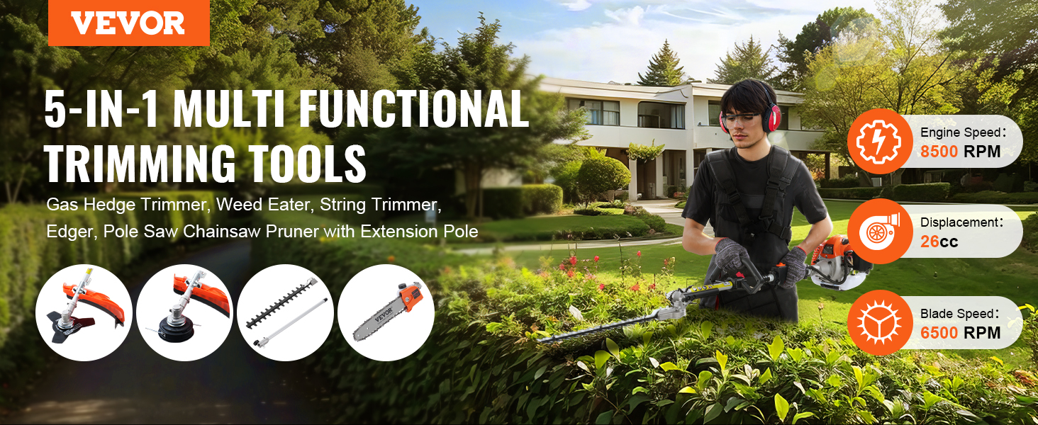 VEVOR 6-in-1 multi-functional trimming tools, gas hedge trimmer, weed eater, string trimmer, 26cc.