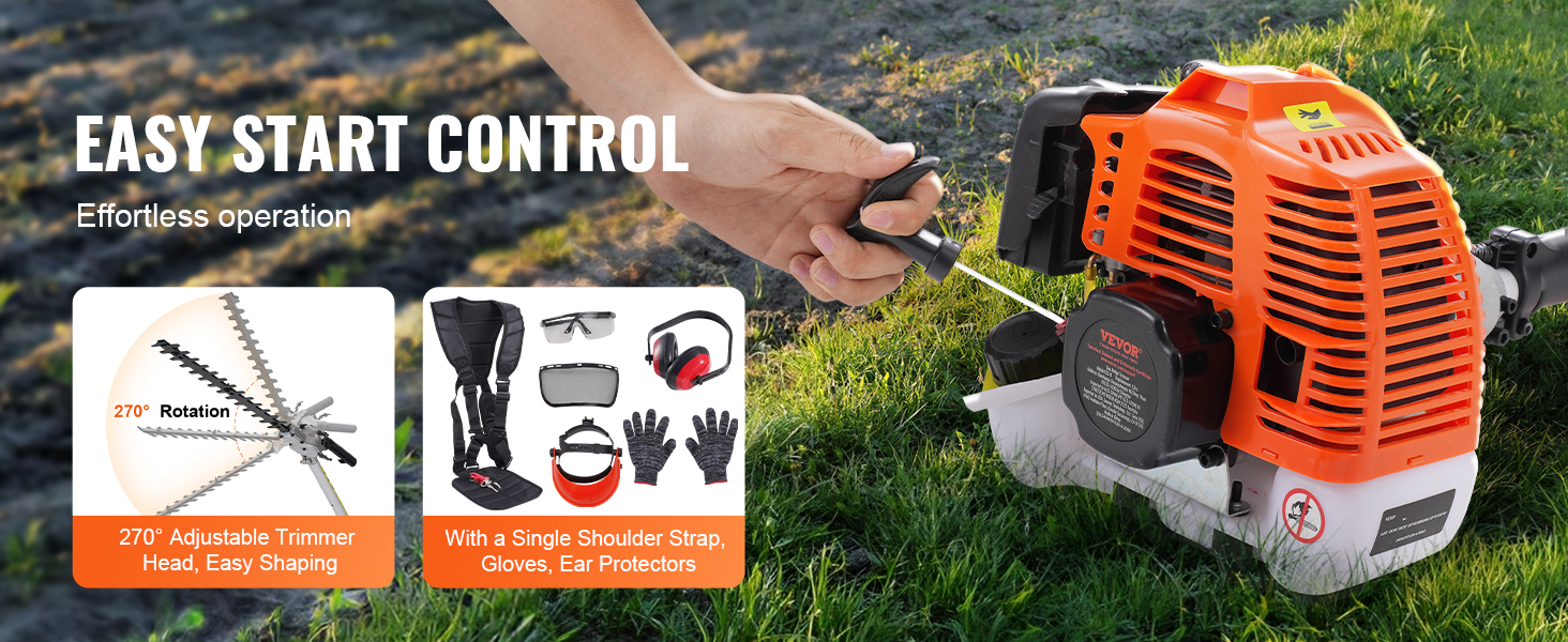 easy start control with VEVOR 6-in-1 multi-functional trimming tools, adjustable trimmer head, safety gear.