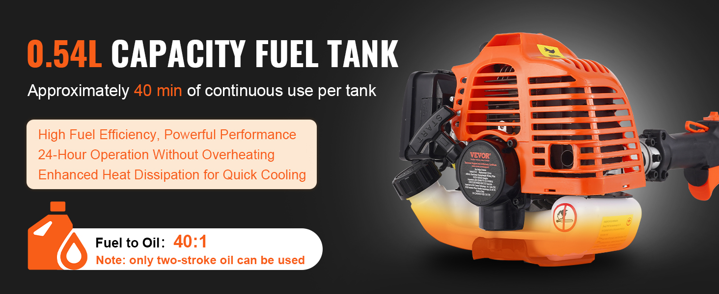VEVOR 6-in-1 multi-functional trimming tools, 0.54l fuel tank, 40:1 fuel to oil ratio, high performance.