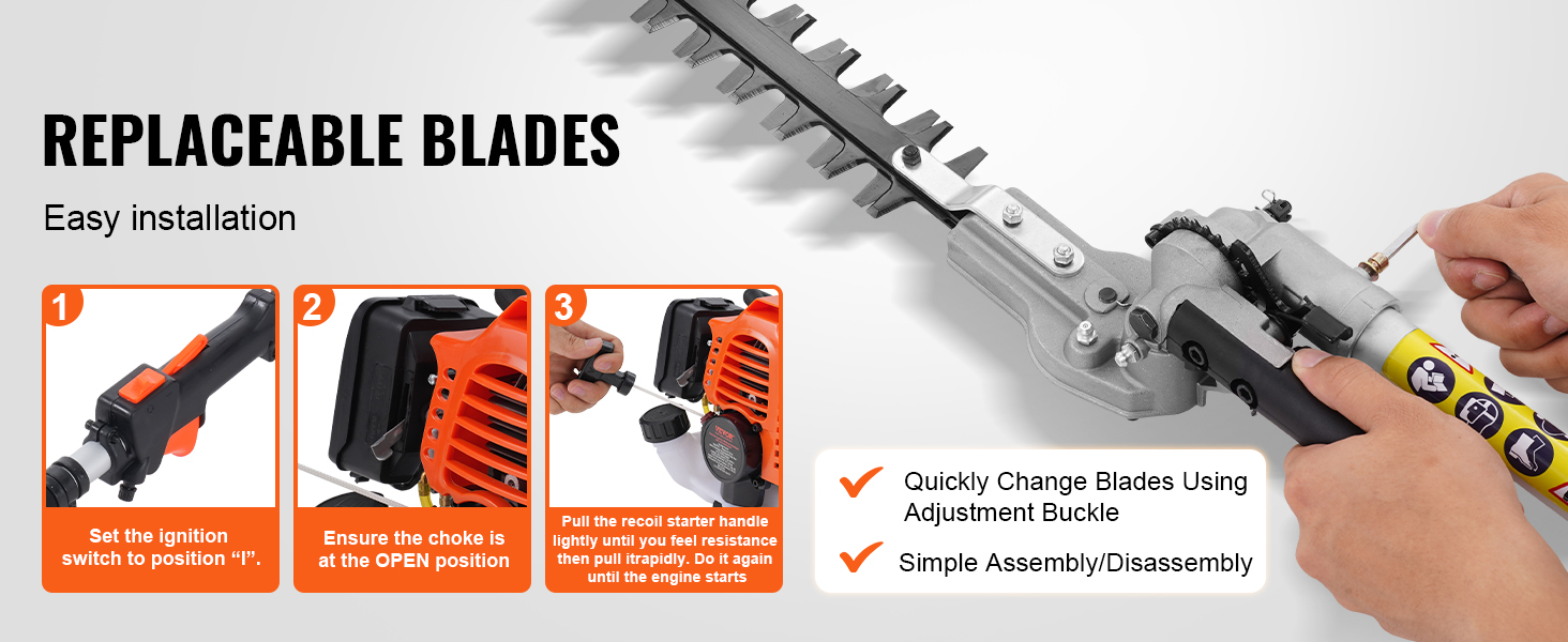 replaceable blades guide for VEVOR 6-in-1 multi-functional trimming tools with easy installation steps.