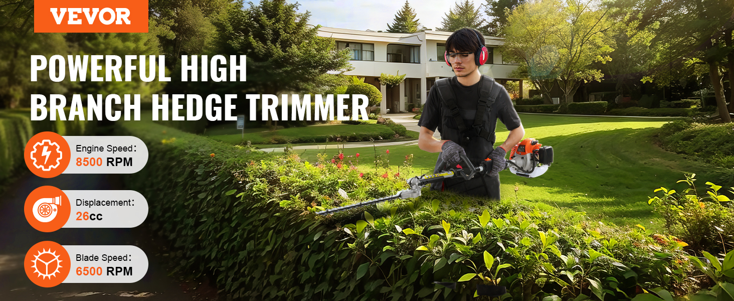 VEVOR gas hedge trimmer for high branches with an engine speed of 8500 rpm and a 26cc displacement.