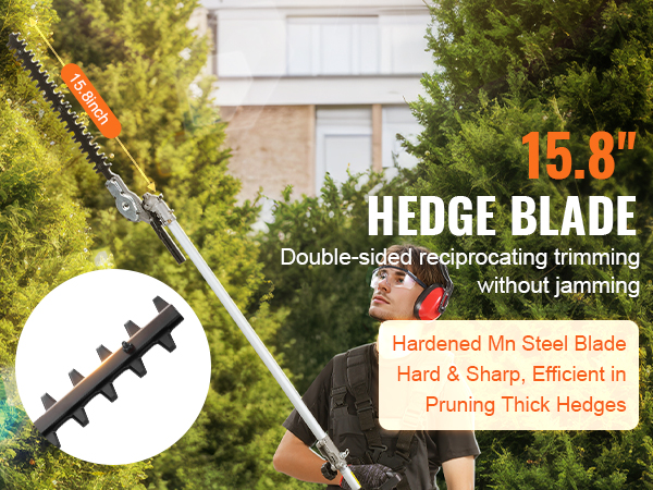 15.8" double-sided hedge blade trimming thick hedges with the VEVOR gas hedge trimmer.
