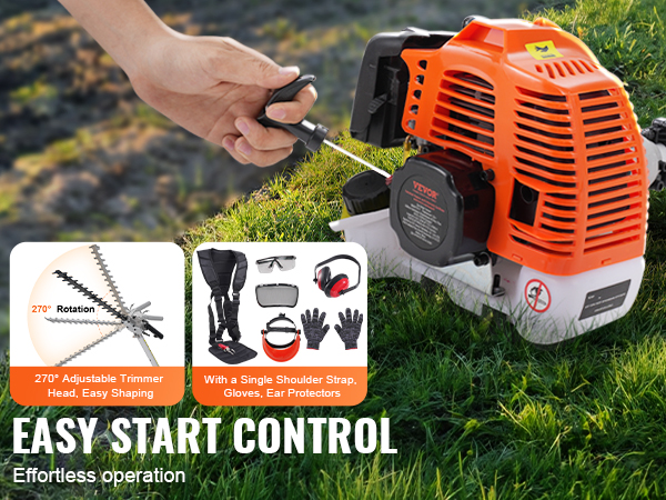 VEVOR gas hedge trimmer with easy start control, 270° adjustable trimmer head, and protective gear.