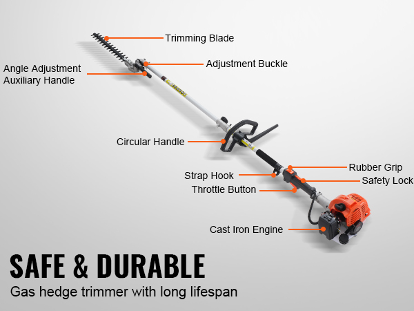 VEVOR gas hedge trimmer with trimming blade, circular handle, throttle button, and cast iron engine.