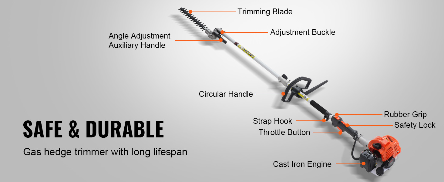 VEVOR gas hedge trimmer with trimming blade, circular handle, throttle button, and cast iron engine.