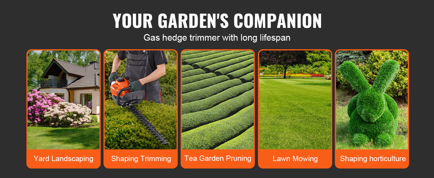 your garden's companion: VEVOR gas hedge trimmer for yard landscaping, shaping, tea pruning, and lawn mowing.