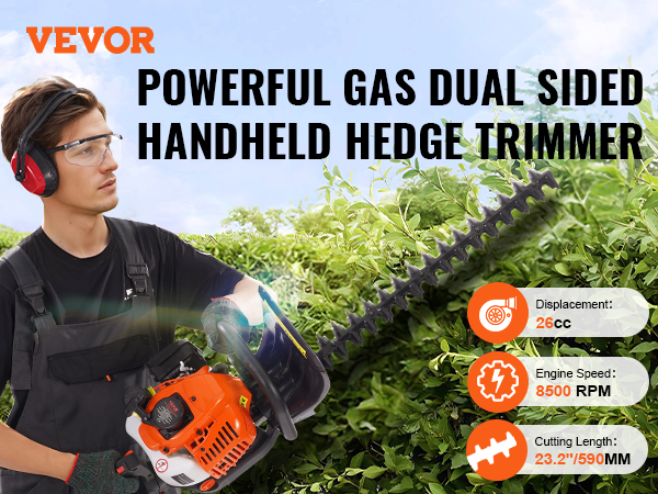 VEVOR gas hedge trimmer: 8500 rpm, 26cc, 23.2" dual-sided blade, hedging greenery.