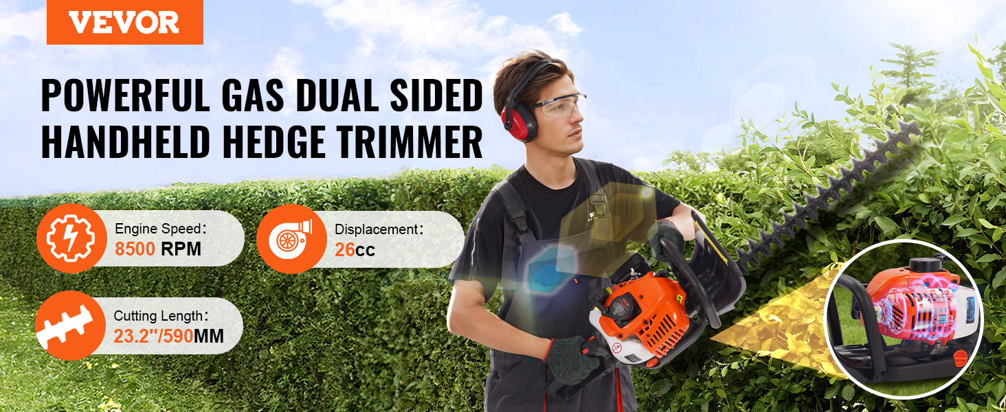 VEVOR gas hedge trimmer: 8500 rpm, 26cc, 23.2" dual-sided blade, hedging greenery.