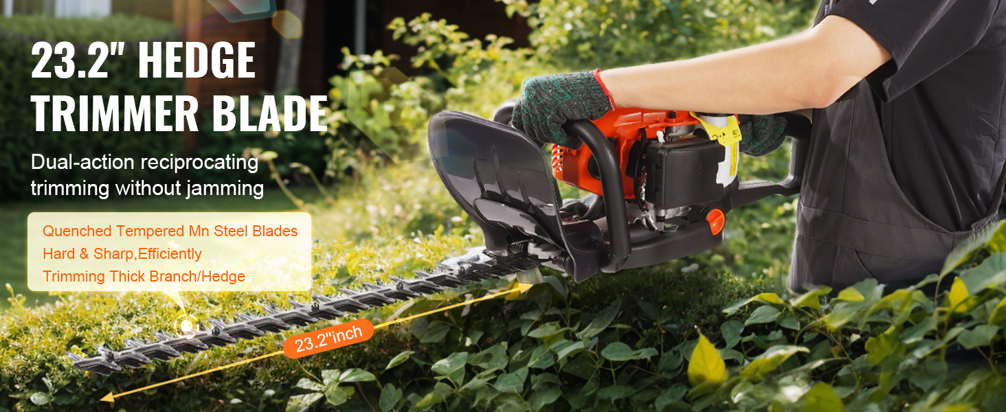 person using a VEVOR gas hedge trimmer with a 23.2-inch dual-action blade on green foliage.