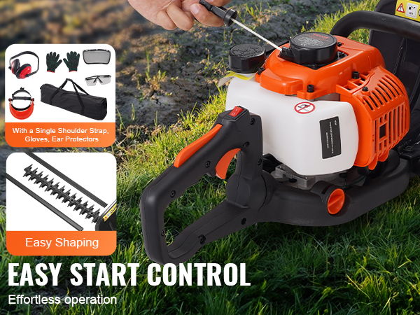 pull-start VEVOR gas hedge trimmer with accessories including gloves, ear protectors, and shoulder strap. effortless operation.