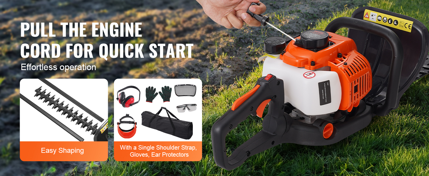 pull-start VEVOR gas hedge trimmer with accessories including gloves, ear protectors, and shoulder strap. effortless operation.