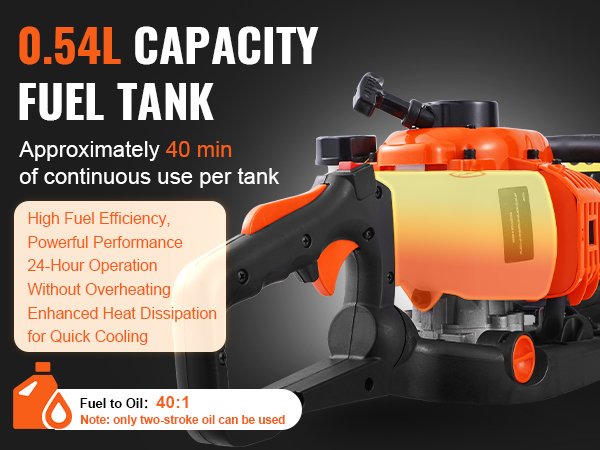 0.54l fuel tank, 40 min use, high fuel efficiency, powerful performance, 40:1 fuel-to-oil ratio.