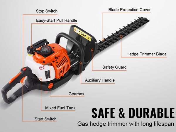 VEVOR gas hedge trimmer with labeled parts: stop switch, pull handle, blade, and mixed fuel tank.