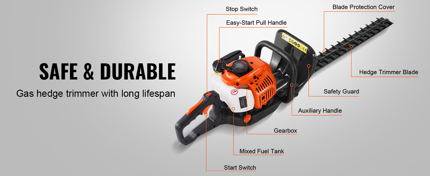VEVOR gas hedge trimmer with labeled parts: stop switch, pull handle, blade, and mixed fuel tank.