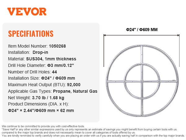 VEVOR fire pit pan, drop-in installation, sus304, φ24", 44 drill holes, for propane/natural gas.