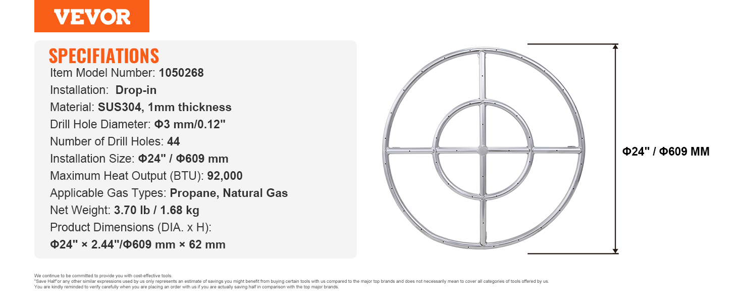 VEVOR fire pit pan, drop-in installation, sus304, φ24", 44 drill holes, for propane/natural gas.