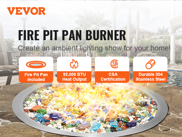 VEVOR fire pit pan burner with colorful fire glass, csa certification, and 92,000 btu heat output.