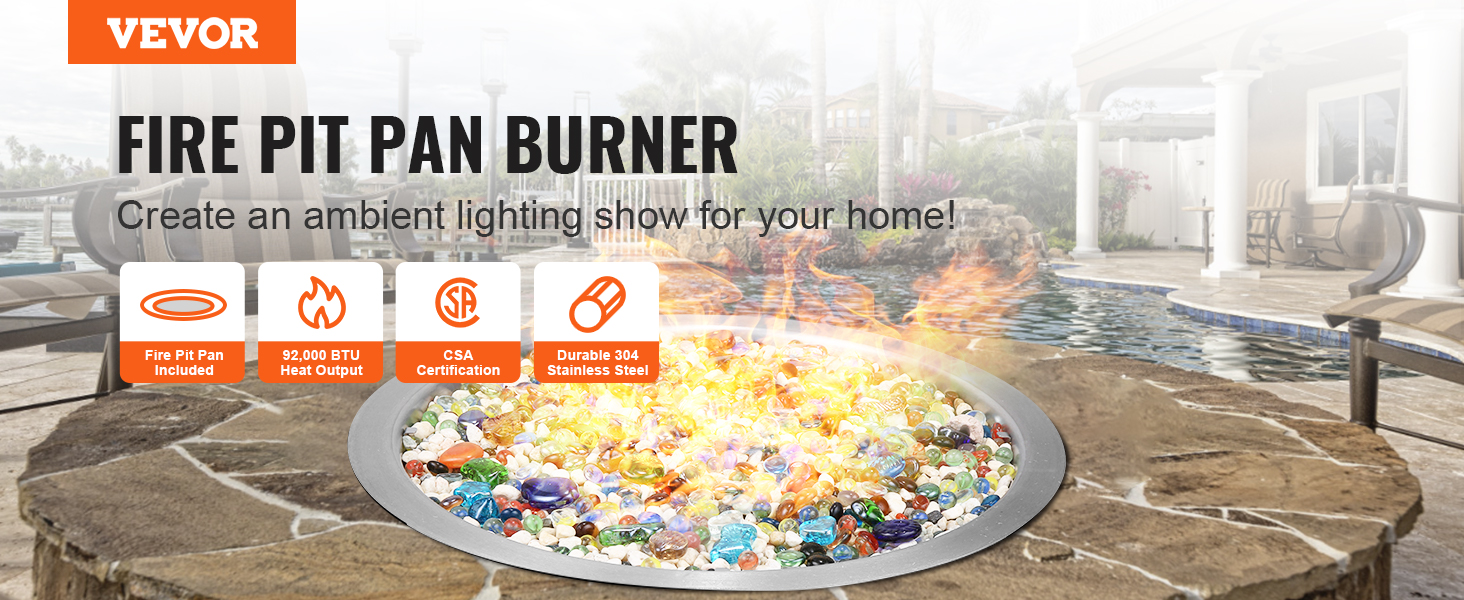 VEVOR fire pit pan burner with colorful fire glass, csa certification, and 92,000 btu heat output.