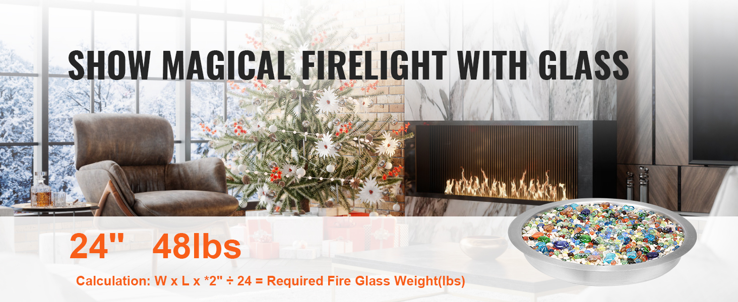 VEVOR fire pit pan in a cozy living room with holiday decor and a roaring fireplace, 24" 48lbs.