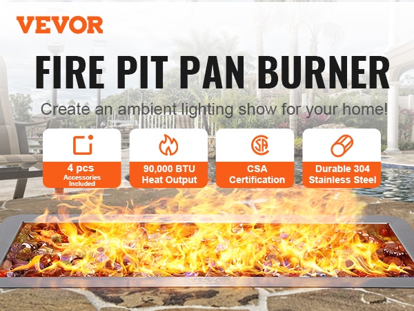 VEVOR fire pit pan burner by poolside with ambient flames, showcasing features in an outdoor setting.